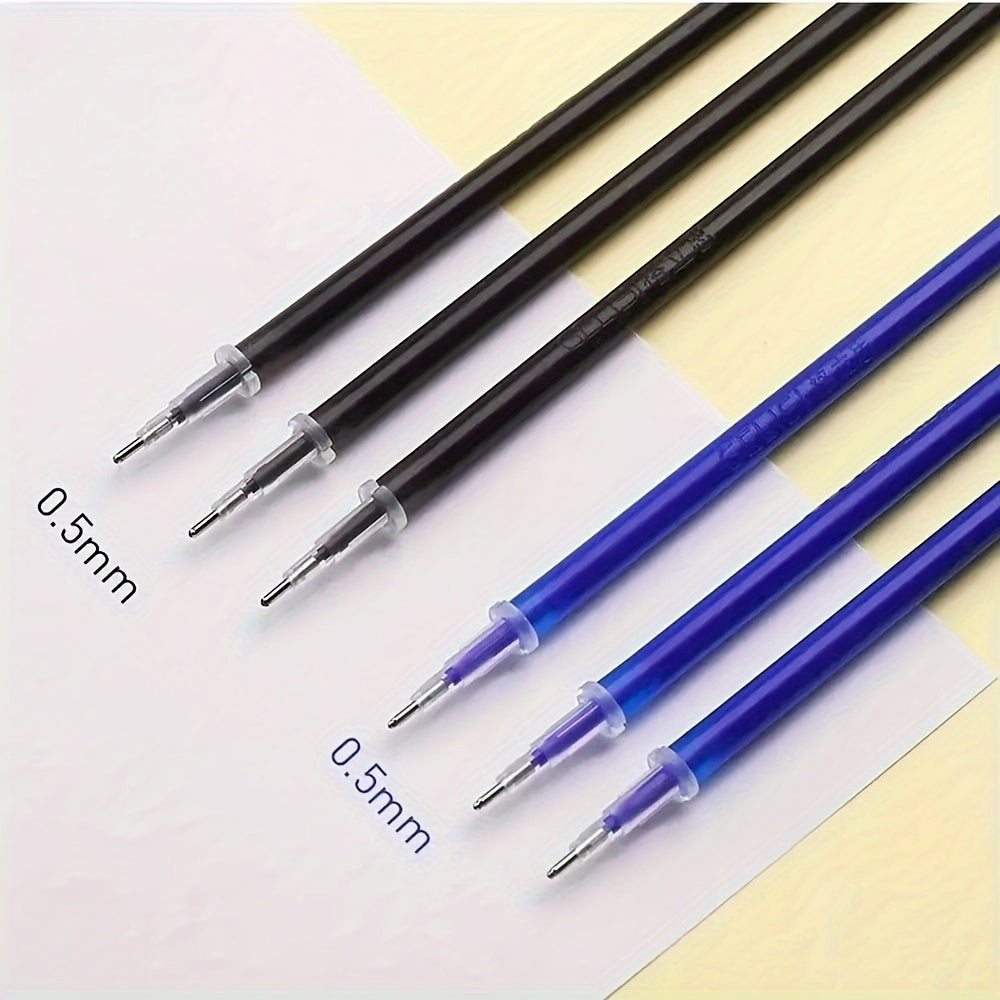 68-piece set of erasable gel pens with blue and black cores, washable handles, and refillable supplies for office writing. Includes 6 pens, 2 erasers, and 60 refills.