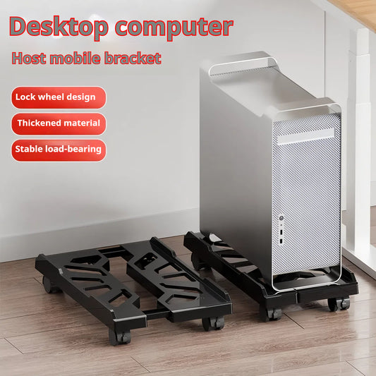 Sturdy, adjustable PC tower stand with lockable wheels for easy mobility in home and office.