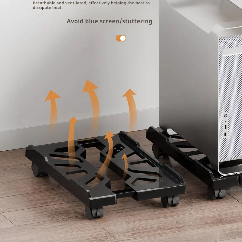 Sturdy, adjustable PC tower stand with lockable wheels for easy mobility in home and office.