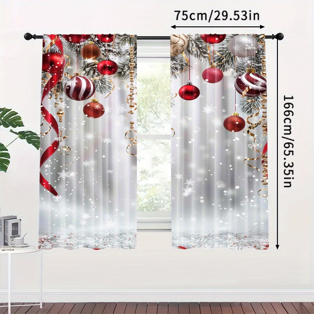 Polyester Christmas Tree and Ornaments Print Curtains - Set of 2 Panels, featuring Snowflake and Ball Design, Rod Pocket Drapes for Living Room & Bedroom. Perfect Festive Holiday Home Decor for those age 14 and up.