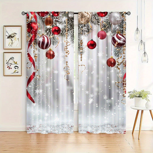 Polyester Christmas Tree and Ornaments Print Curtains - Set of 2 Panels, featuring Snowflake and Ball Design, Rod Pocket Drapes for Living Room & Bedroom. Perfect Festive Holiday Home Decor for those age 14 and up.