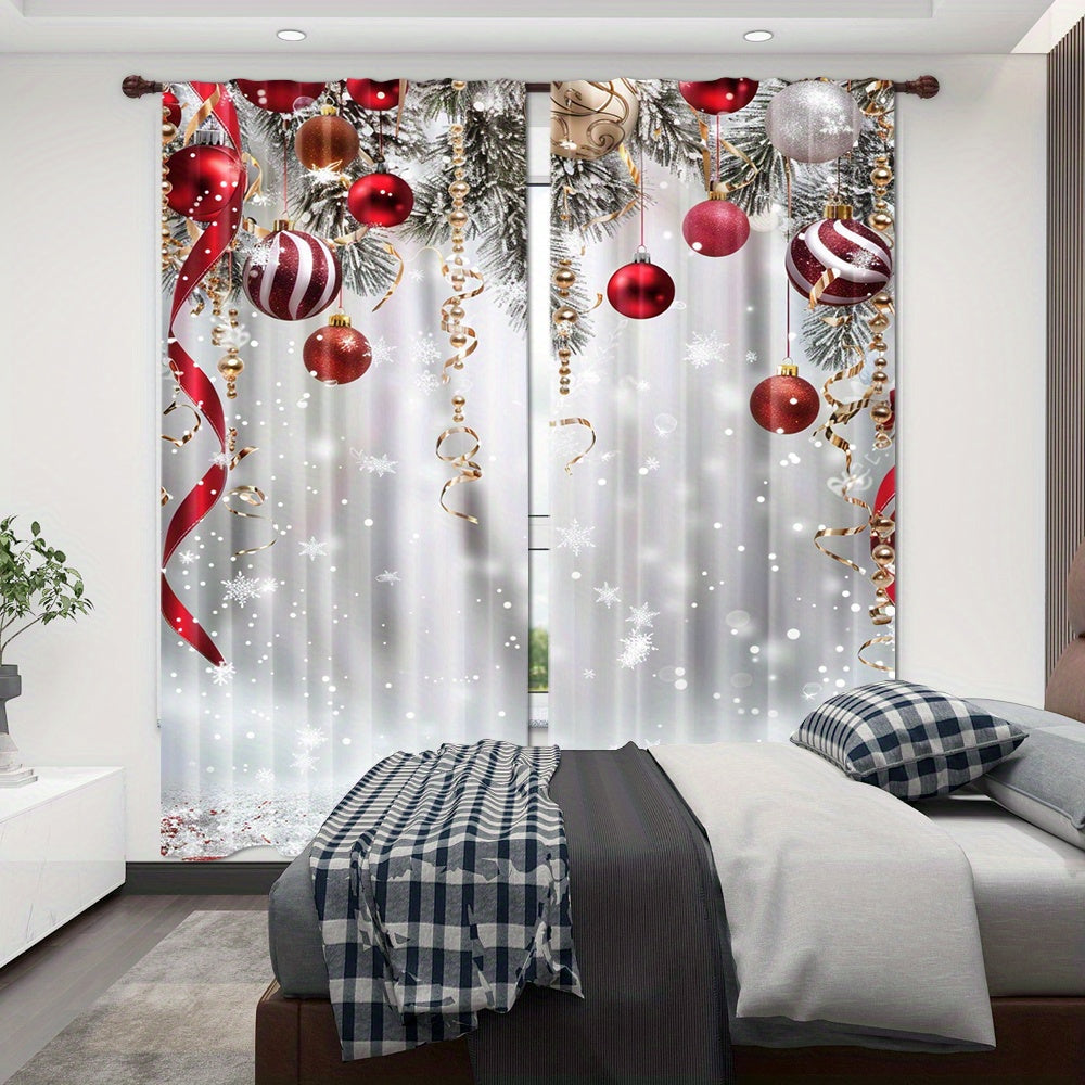 Polyester Christmas Tree and Ornaments Print Curtains - Set of 2 Panels, featuring Snowflake and Ball Design, Rod Pocket Drapes for Living Room & Bedroom. Perfect Festive Holiday Home Decor for those age 14 and up.