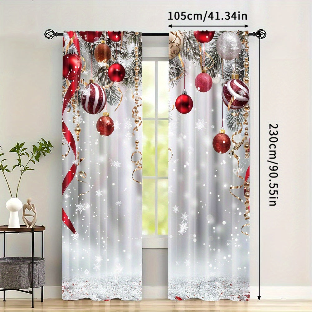 Polyester Christmas Tree and Ornaments Print Curtains - Set of 2 Panels, featuring Snowflake and Ball Design, Rod Pocket Drapes for Living Room & Bedroom. Perfect Festive Holiday Home Decor for those age 14 and up.