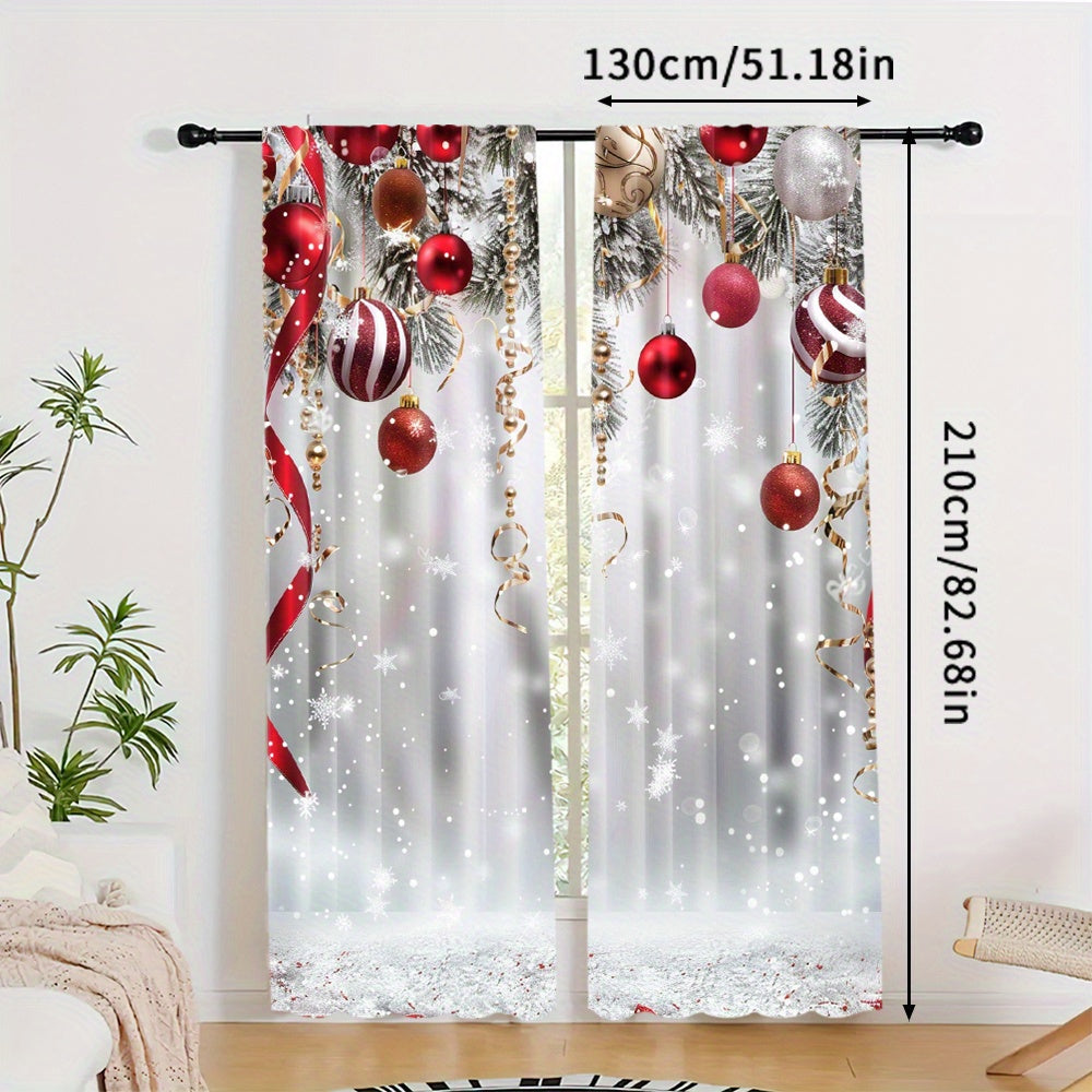 Polyester Christmas Tree and Ornaments Print Curtains - Set of 2 Panels, featuring Snowflake and Ball Design, Rod Pocket Drapes for Living Room & Bedroom. Perfect Festive Holiday Home Decor for those age 14 and up.