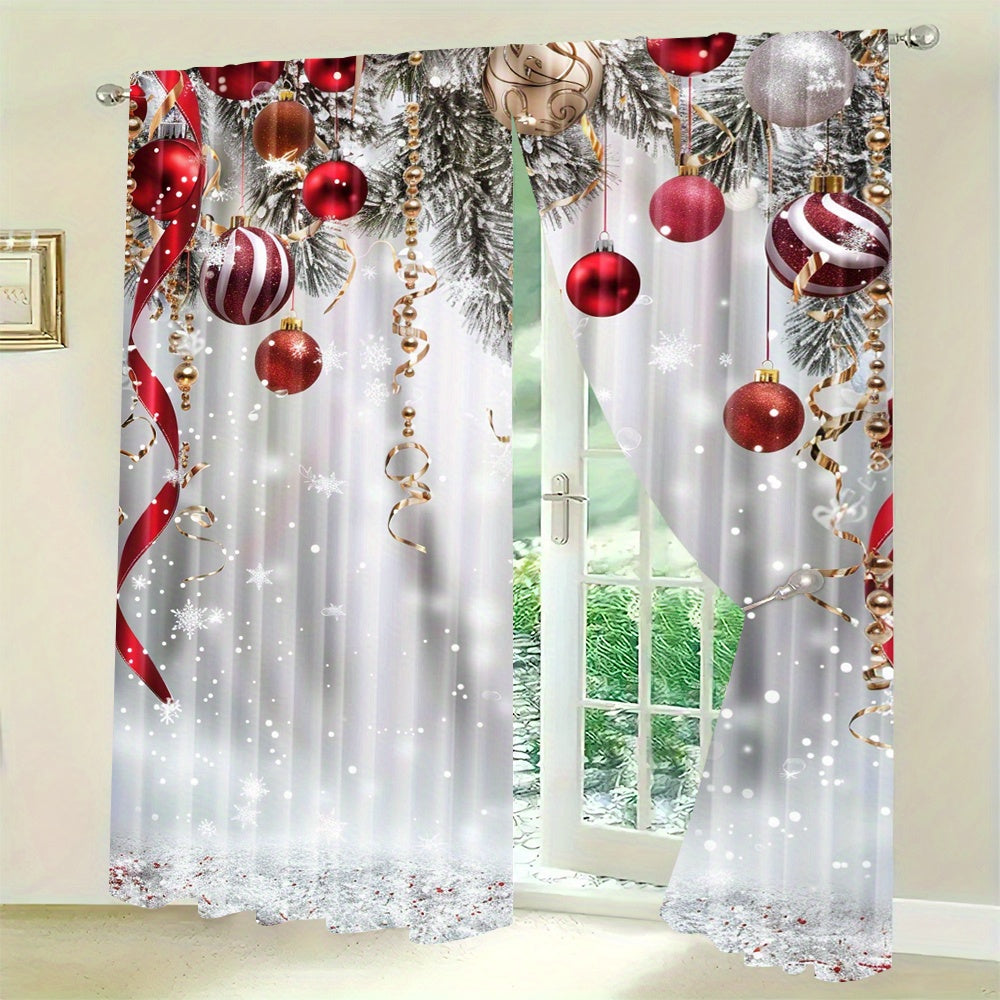 Polyester Christmas Tree and Ornaments Print Curtains - Set of 2 Panels, featuring Snowflake and Ball Design, Rod Pocket Drapes for Living Room & Bedroom. Perfect Festive Holiday Home Decor for those age 14 and up.