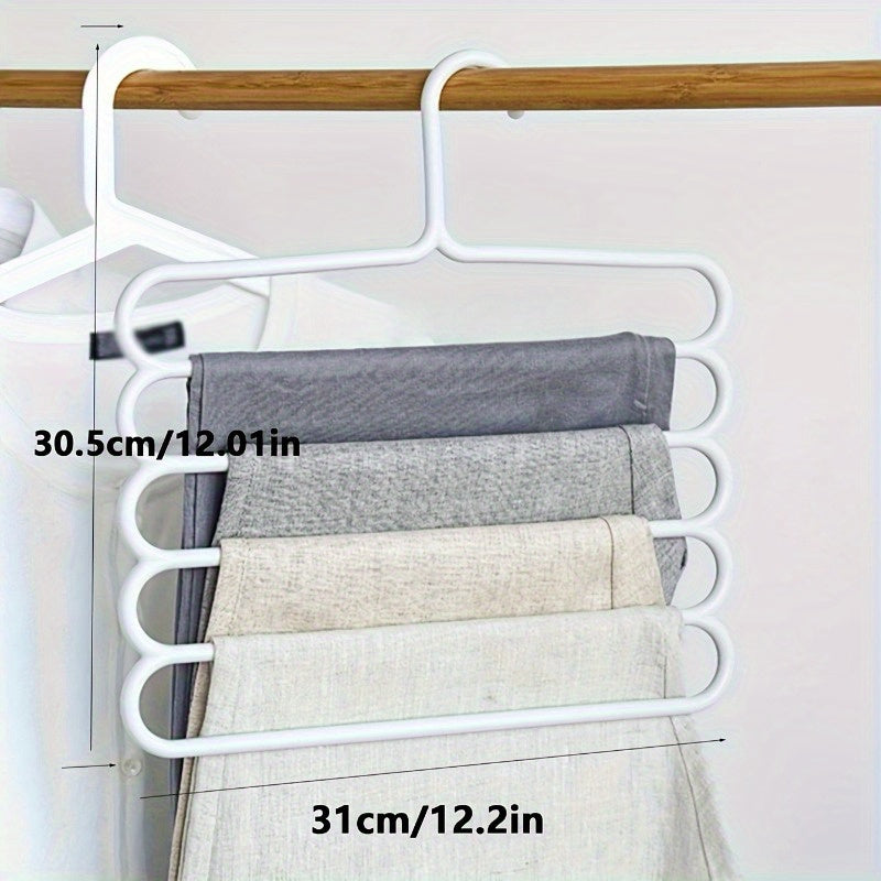 Space-saving 5-tier plastic hanger for pants, skirts, and scarves - versatile organizer for your closet storage needs.