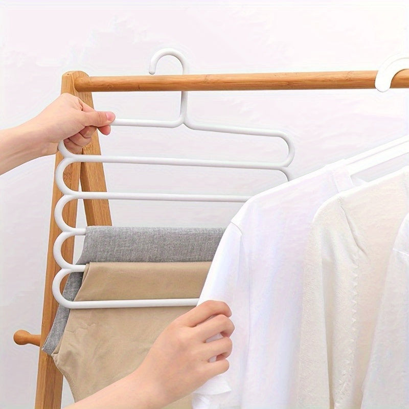 Space-saving 5-tier plastic hanger for pants, skirts, and scarves - versatile organizer for your closet storage needs.