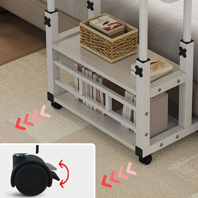 Mobile desk with adjustable height, wheels, and shelves made of wood fiber board, in white and black design for use in various settings.