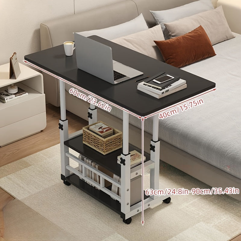 Mobile desk with adjustable height, wheels, and shelves made of wood fiber board, in white and black design for use in various settings.