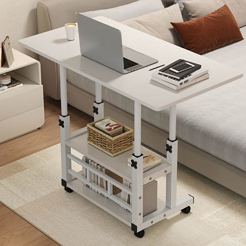 Mobile desk with adjustable height, wheels, and shelves made of wood fiber board, in white and black design for use in various settings.