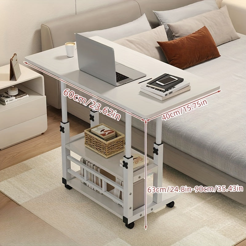 Mobile desk with adjustable height, wheels, and shelves made of wood fiber board, in white and black design for use in various settings.