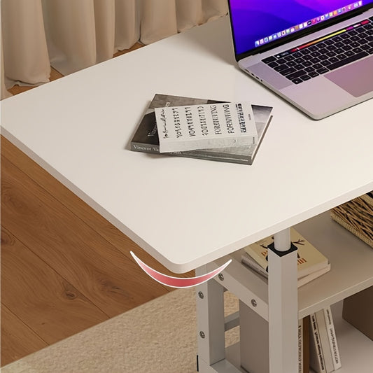 Mobile desk with adjustable height, wheels, and shelves made of wood fiber board, in white and black design for use in various settings.