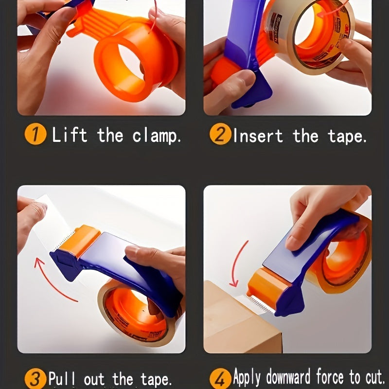 Portable, ergonomic packing tape dispenser with heavy-duty cutter for workshops and contractors, does not require power.