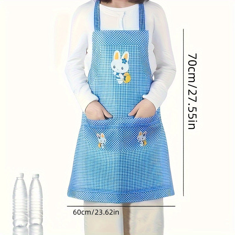 This kitchen apron features a cute bunny design on a light blue gingham pattern, made of peach skin velvet fabric with pockets. Suitable for home and restaurant use, adjustable and decorative.