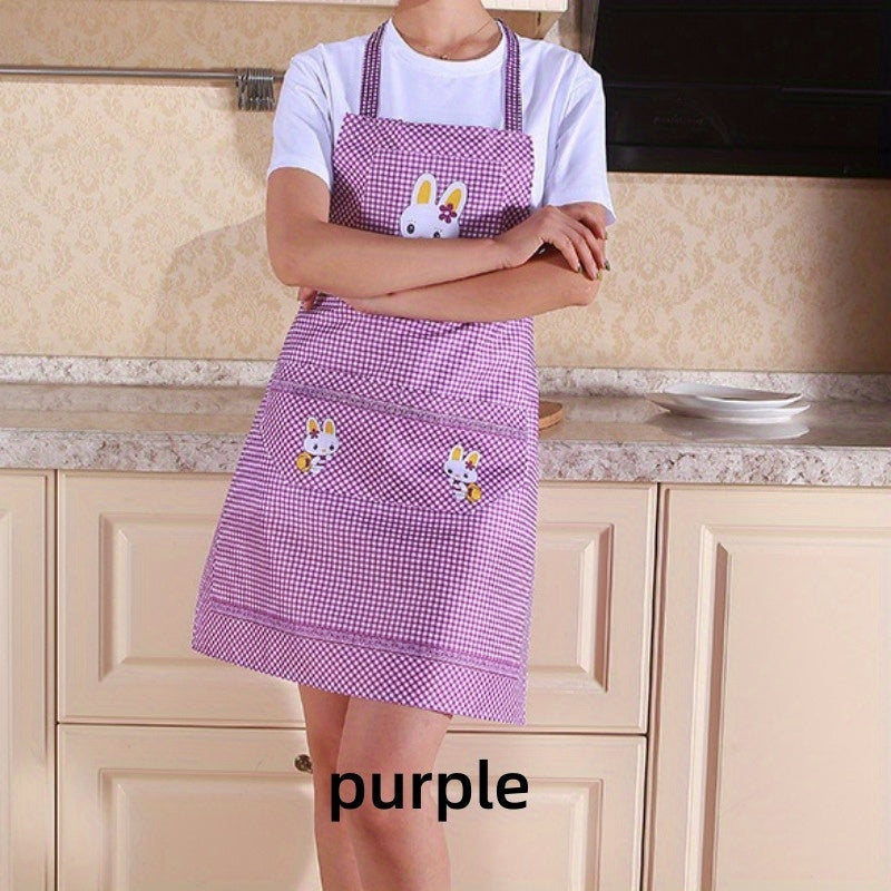 This kitchen apron features a cute bunny design on a light blue gingham pattern, made of peach skin velvet fabric with pockets. Suitable for home and restaurant use, adjustable and decorative.