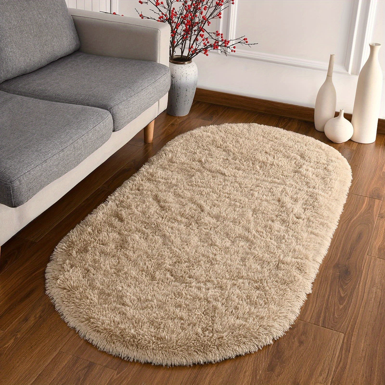 Soft Plush Oval Area Rug made from Non-Slip Polyester, Machine Washable, Lightweight and Easy to Care for. Solid color design makes it ideal for Bedroom, Living Room, Entryway, or Hallway. Perfect for indoor use.