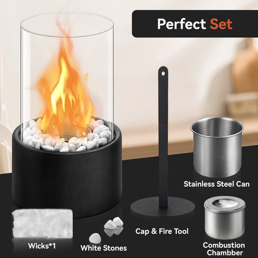 One Vintage Glass Tabletop Fireplace: A Portable Mini Fire Pit for Indoor/Outdoor Use. Enhance Your Garden with this Elegant Centerpiece. Enjoy Safe and Easy-to-Use Flames without Electricity. Perfect for Camping, Weddings, Housewarmings, and Christmas.