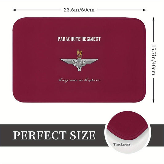 Machine-washable polyester doormat featuring a Parachute Regiment emblem. This lightweight, non-slip rectangle entrance mat is perfect for indoor or outdoor use in the kitchen, balcony, or entryway.