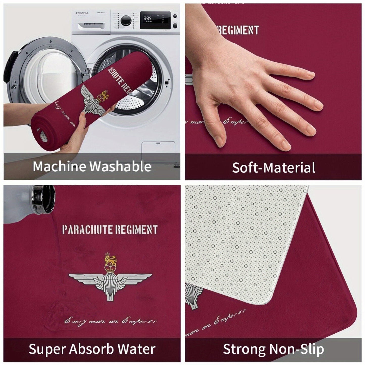 Machine-washable polyester doormat featuring a Parachute Regiment emblem. This lightweight, non-slip rectangle entrance mat is perfect for indoor or outdoor use in the kitchen, balcony, or entryway.