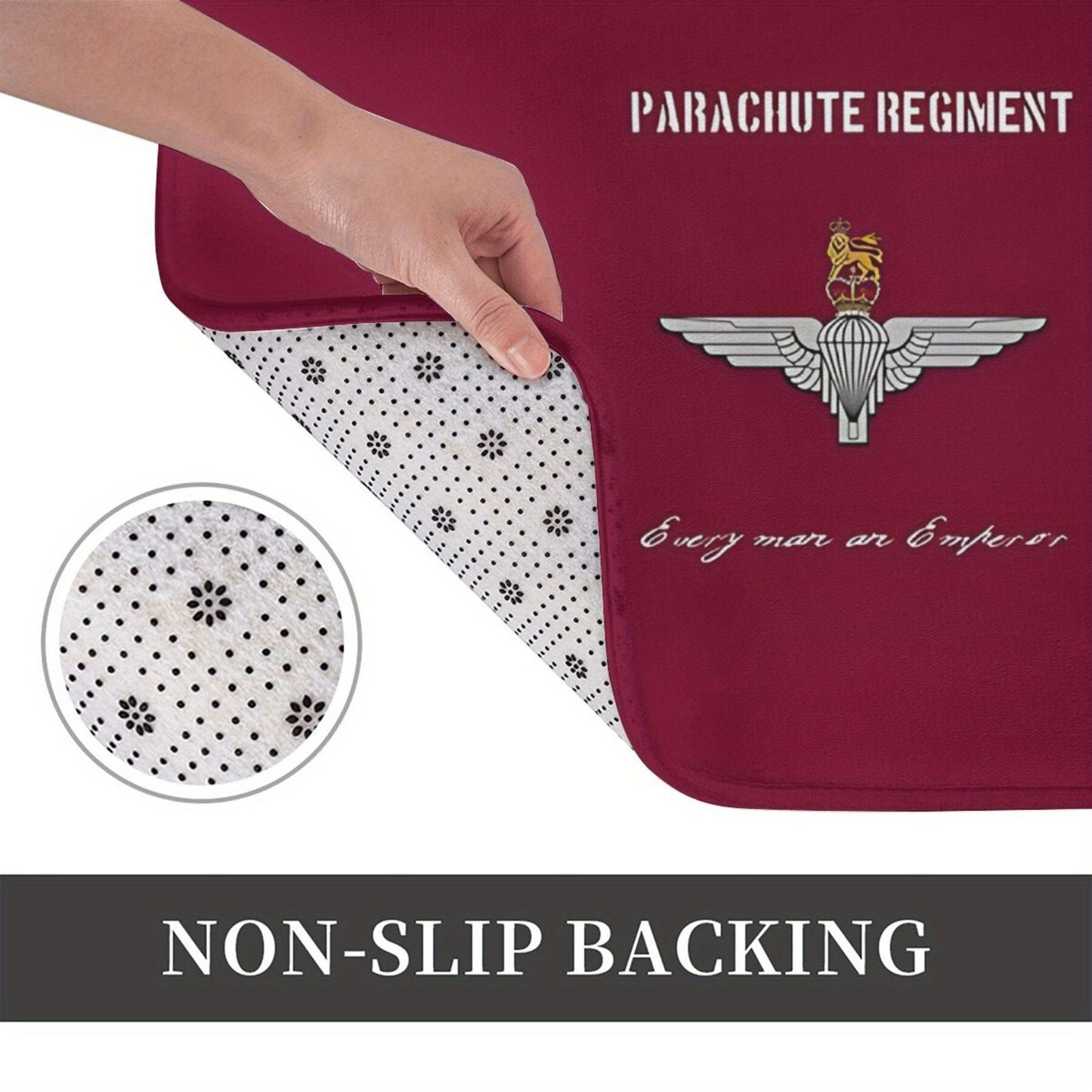 Machine-washable polyester doormat featuring a Parachute Regiment emblem. This lightweight, non-slip rectangle entrance mat is perfect for indoor or outdoor use in the kitchen, balcony, or entryway.