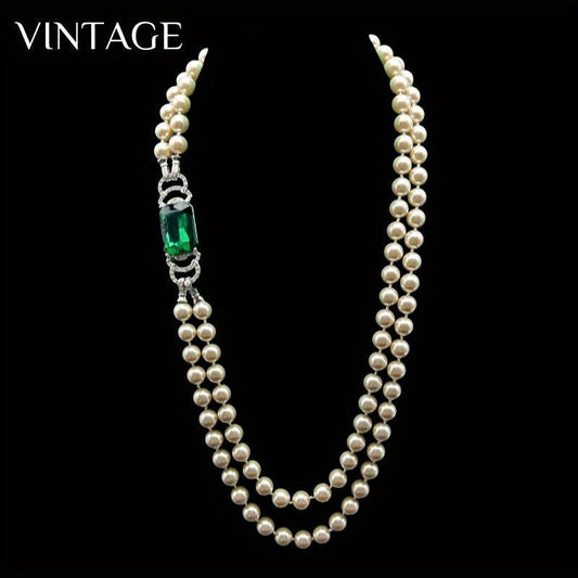 Stylish Vintage-inspired Boho Pearl Necklace with Glass Emerald and Rhinestone Details - Perfect for Everyday Wear and Gifting Purposes