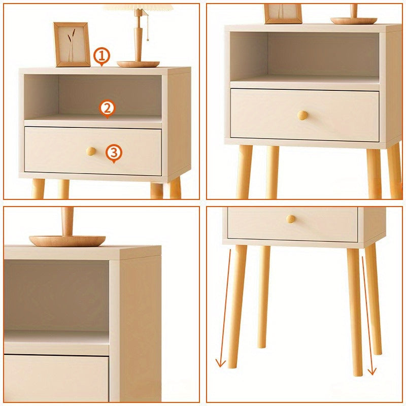 Stylish minimal bedside table with lockable storage shelf and solid wood legs for bedroom.