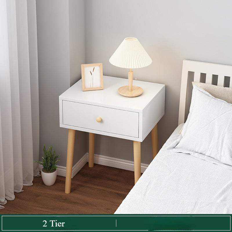 Stylish minimal bedside table with lockable storage shelf and solid wood legs for bedroom.