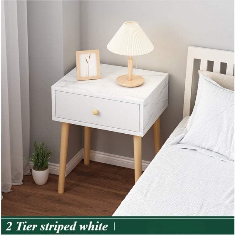 Stylish minimal bedside table with lockable storage shelf and solid wood legs for bedroom.