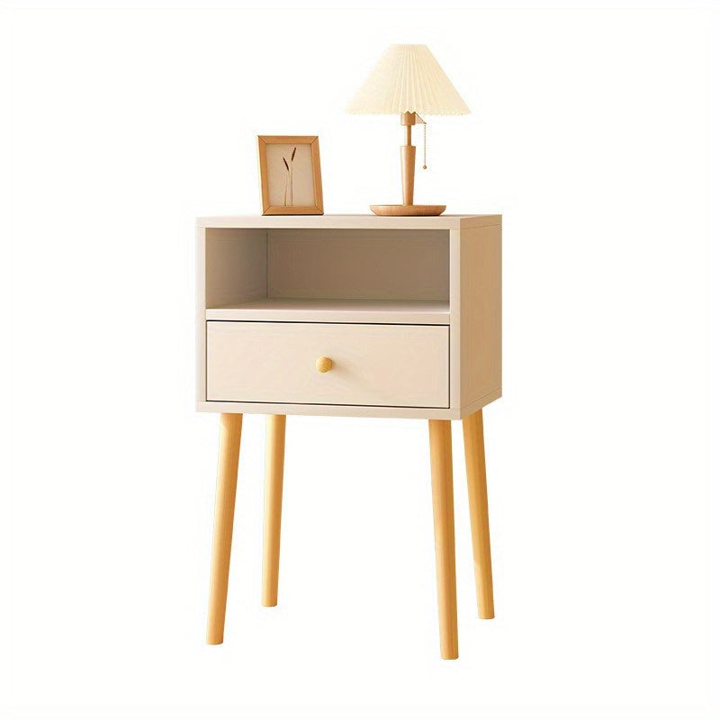 Stylish minimal bedside table with lockable storage shelf and solid wood legs for bedroom.