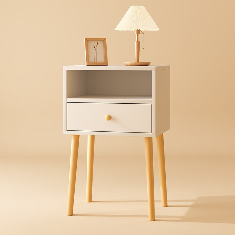 Stylish minimal bedside table with lockable storage shelf and solid wood legs for bedroom.