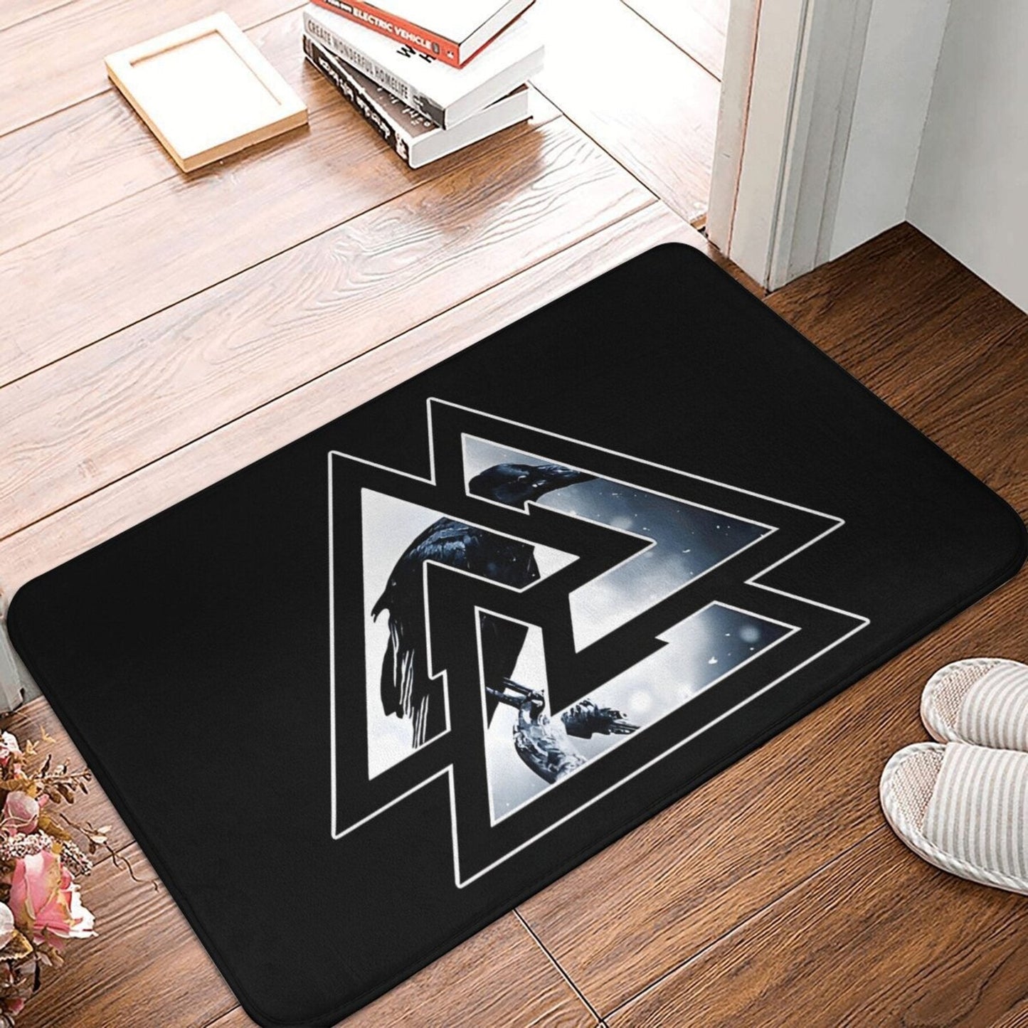 Get your hands on the Valknut Odin Knot with Raven Design Polyester Doormat. This lightweight, machine washable mat is perfect for living rooms, hallways, and home decor. With non-slip backing, this rectangular mat is ideal for any indoor space. Get