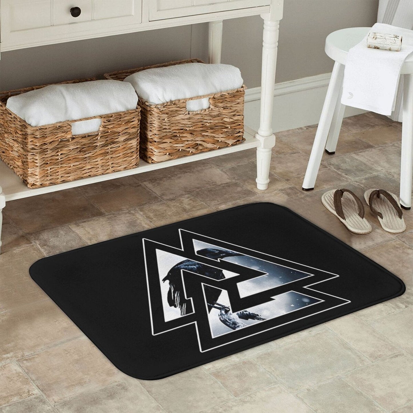 Get your hands on the Valknut Odin Knot with Raven Design Polyester Doormat. This lightweight, machine washable mat is perfect for living rooms, hallways, and home decor. With non-slip backing, this rectangular mat is ideal for any indoor space. Get