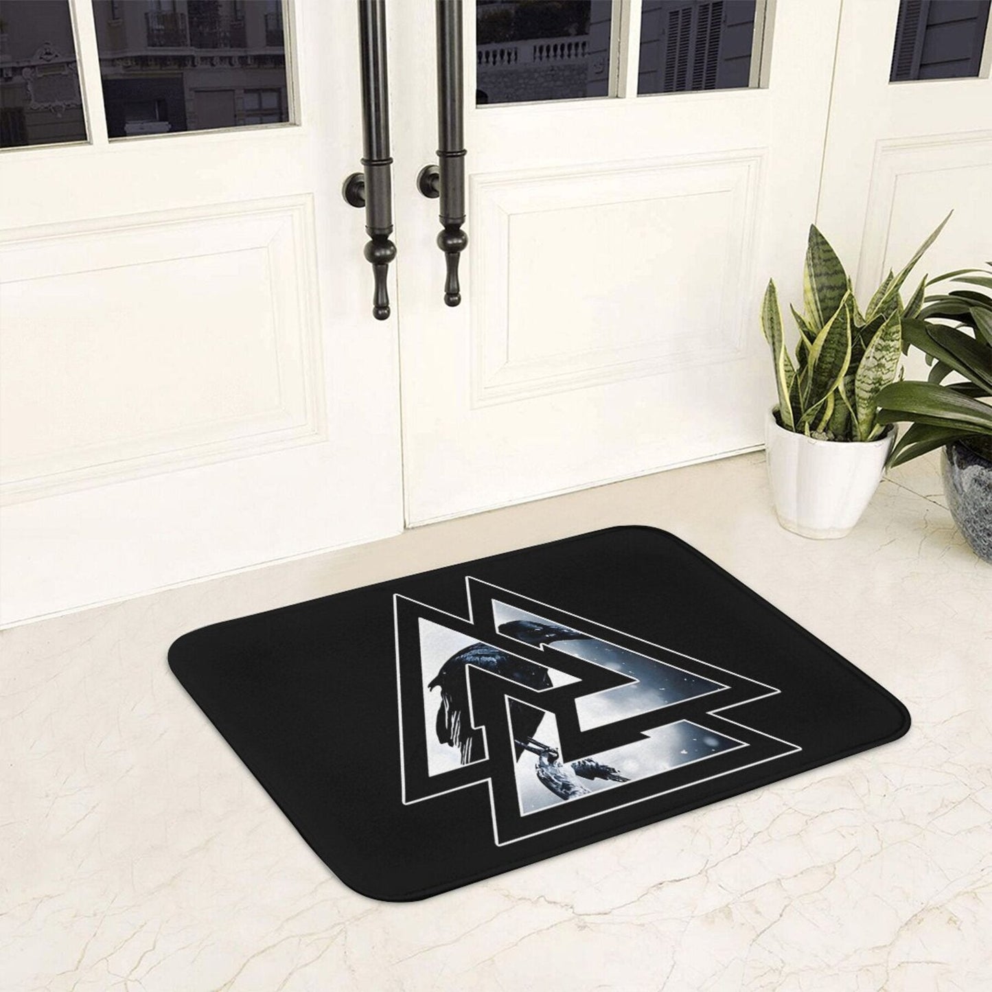 Get your hands on the Valknut Odin Knot with Raven Design Polyester Doormat. This lightweight, machine washable mat is perfect for living rooms, hallways, and home decor. With non-slip backing, this rectangular mat is ideal for any indoor space. Get