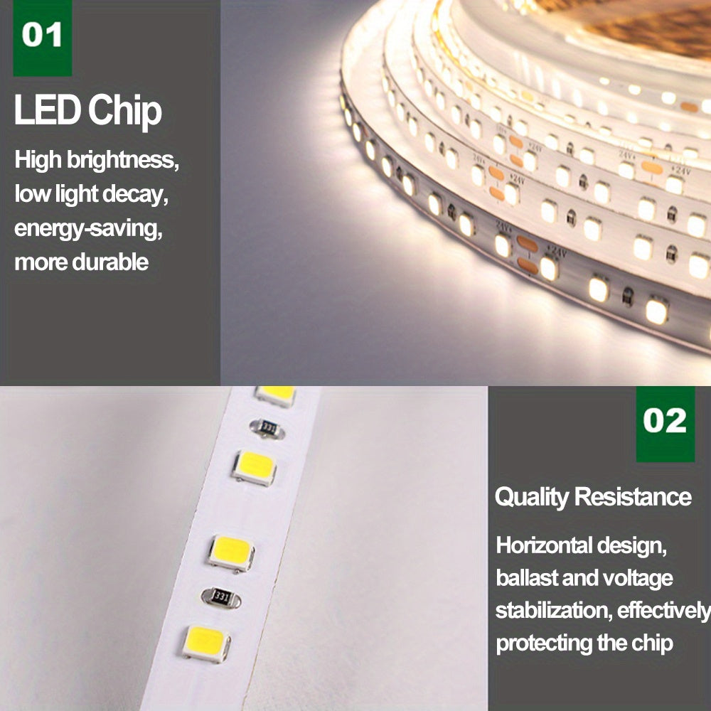 New 10.0m 2835 LED light strip, 24V, 120LEDs/m, white string light for office, hotels, malls, room decoration. Plastic material, DC 24V power supply, non-battery, no electronics.