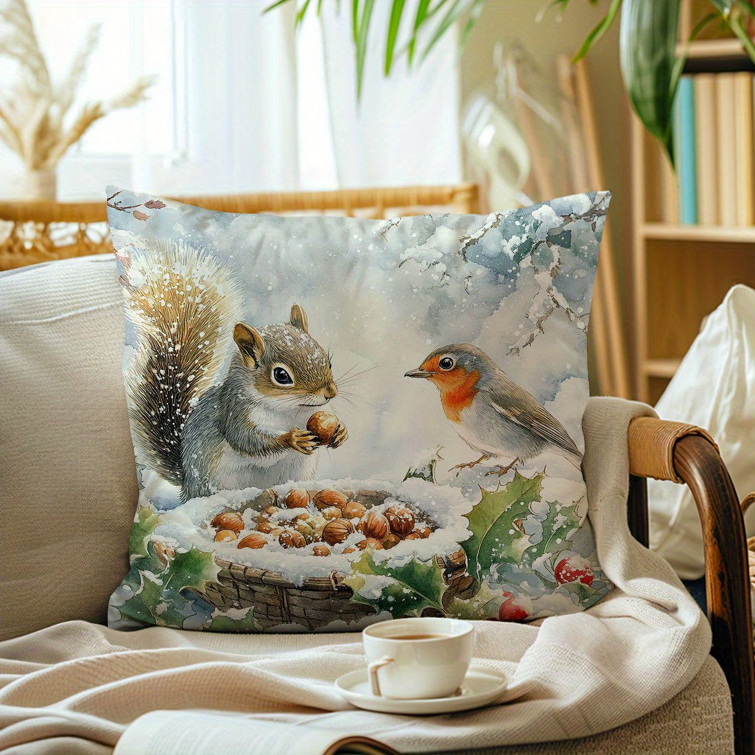 1pc Hypoallergenic Polyester Throw Cushion Cover with Squirrel & Bird Print, 44.98 x 44.98 cm, Contemporary Style, Invisible Zipper, Machine Washable - Ideal for Various Rooms, Woven Sofa and Bed Decor.