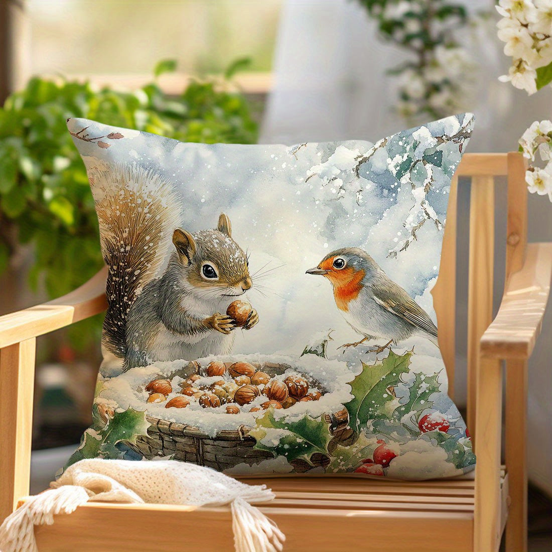 1pc Hypoallergenic Polyester Throw Cushion Cover with Squirrel & Bird Print, 44.98 x 44.98 cm, Contemporary Style, Invisible Zipper, Machine Washable - Ideal for Various Rooms, Woven Sofa and Bed Decor.