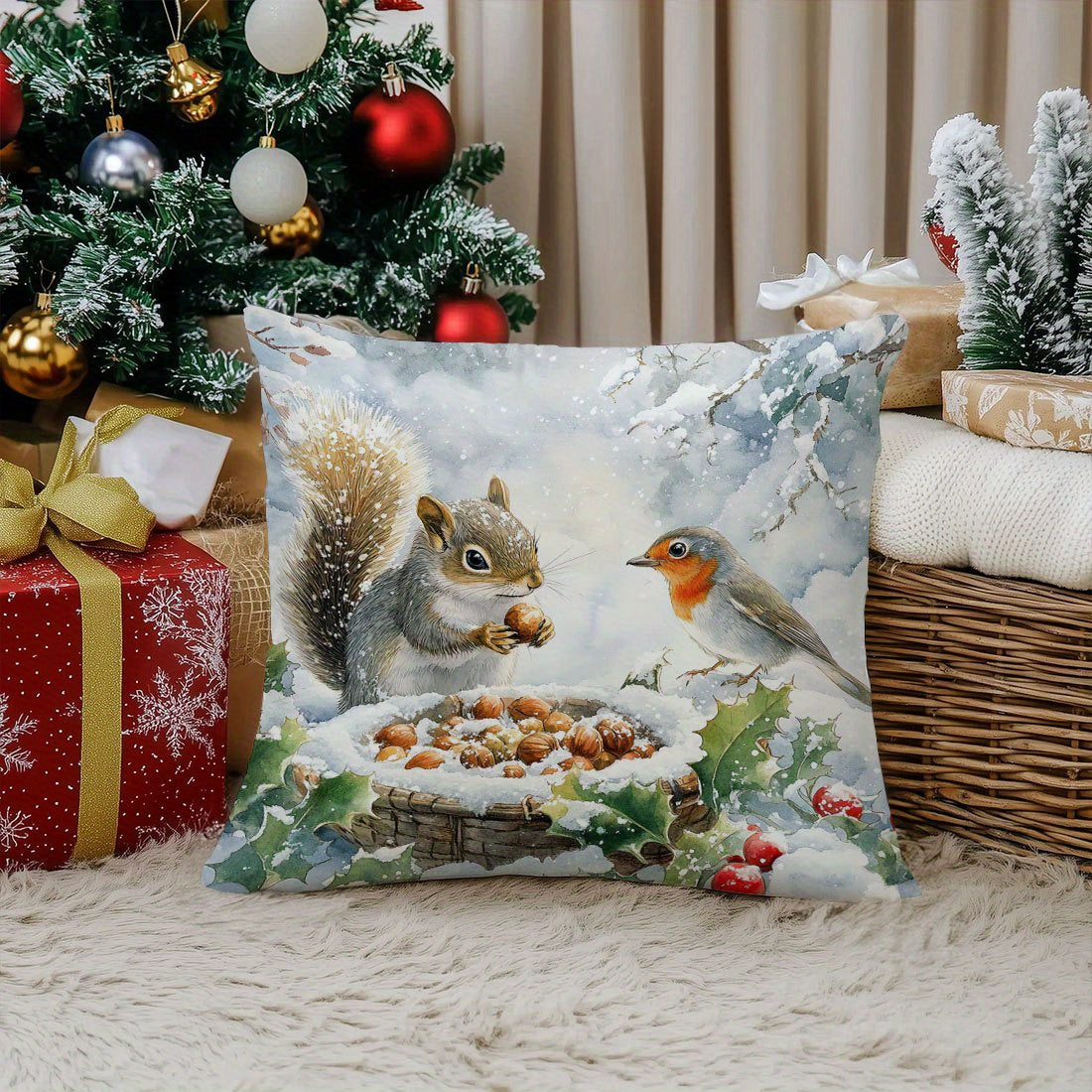 1pc Hypoallergenic Polyester Throw Cushion Cover with Squirrel & Bird Print, 44.98 x 44.98 cm, Contemporary Style, Invisible Zipper, Machine Washable - Ideal for Various Rooms, Woven Sofa and Bed Decor.