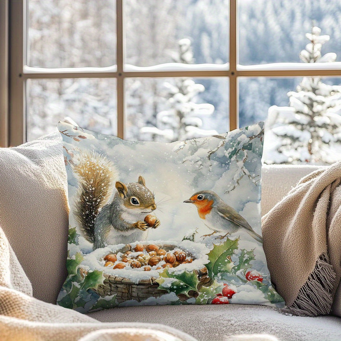 1pc Hypoallergenic Polyester Throw Cushion Cover with Squirrel & Bird Print, 44.98 x 44.98 cm, Contemporary Style, Invisible Zipper, Machine Washable - Ideal for Various Rooms, Woven Sofa and Bed Decor.