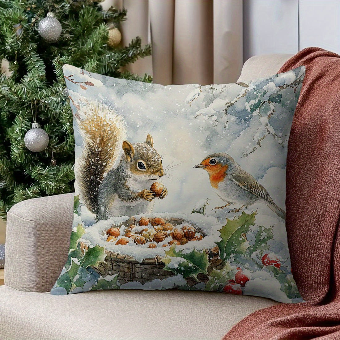 1pc Hypoallergenic Polyester Throw Cushion Cover with Squirrel & Bird Print, 44.98 x 44.98 cm, Contemporary Style, Invisible Zipper, Machine Washable - Ideal for Various Rooms, Woven Sofa and Bed Decor.