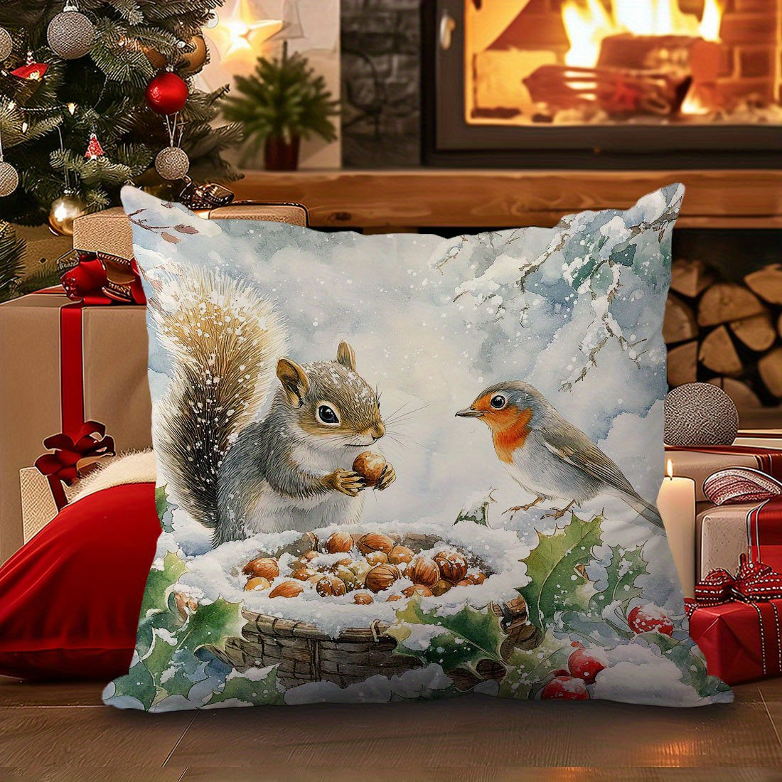 1pc Hypoallergenic Polyester Throw Cushion Cover with Squirrel & Bird Print, 44.98 x 44.98 cm, Contemporary Style, Invisible Zipper, Machine Washable - Ideal for Various Rooms, Woven Sofa and Bed Decor.