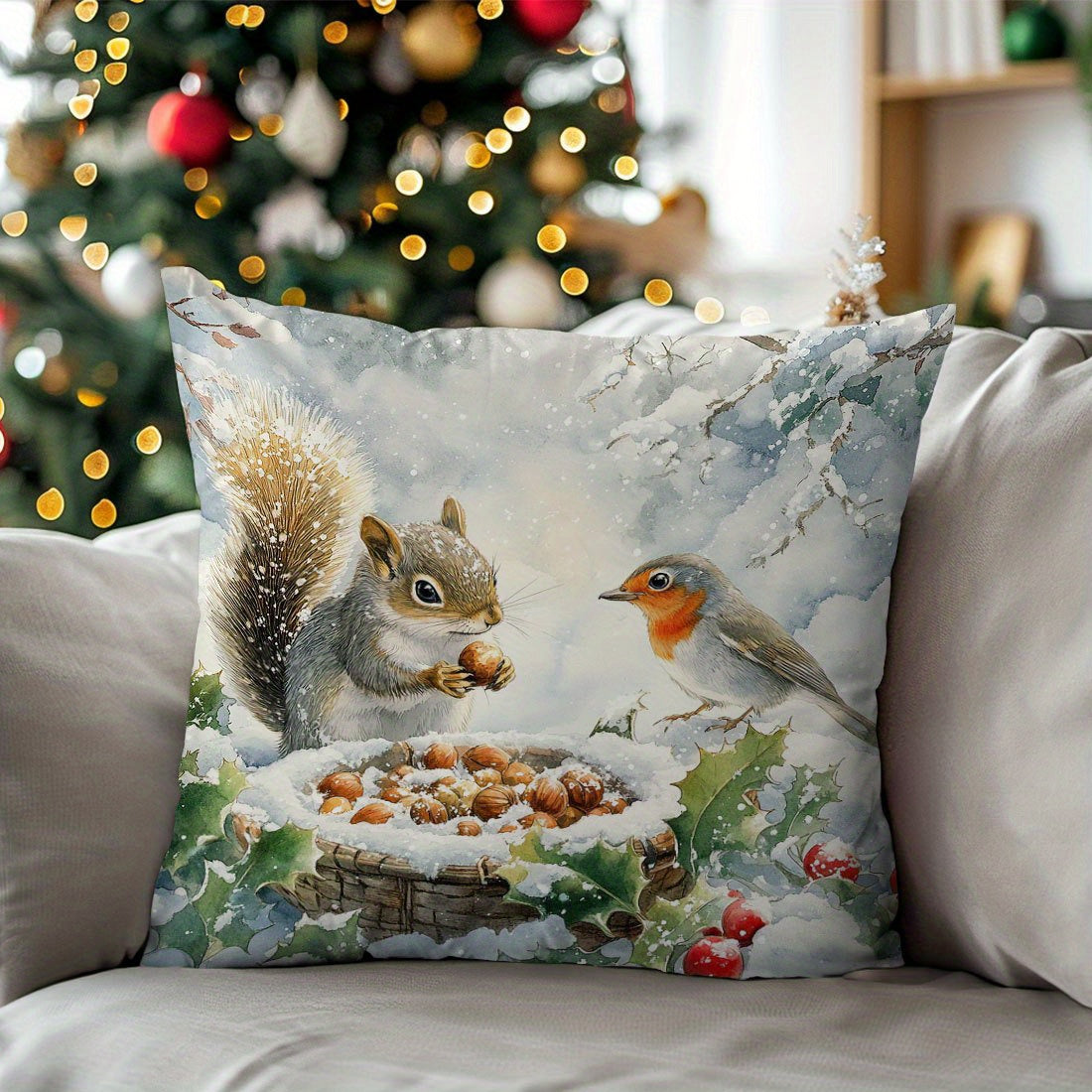 1pc Hypoallergenic Polyester Throw Cushion Cover with Squirrel & Bird Print, 44.98 x 44.98 cm, Contemporary Style, Invisible Zipper, Machine Washable - Ideal for Various Rooms, Woven Sofa and Bed Decor.