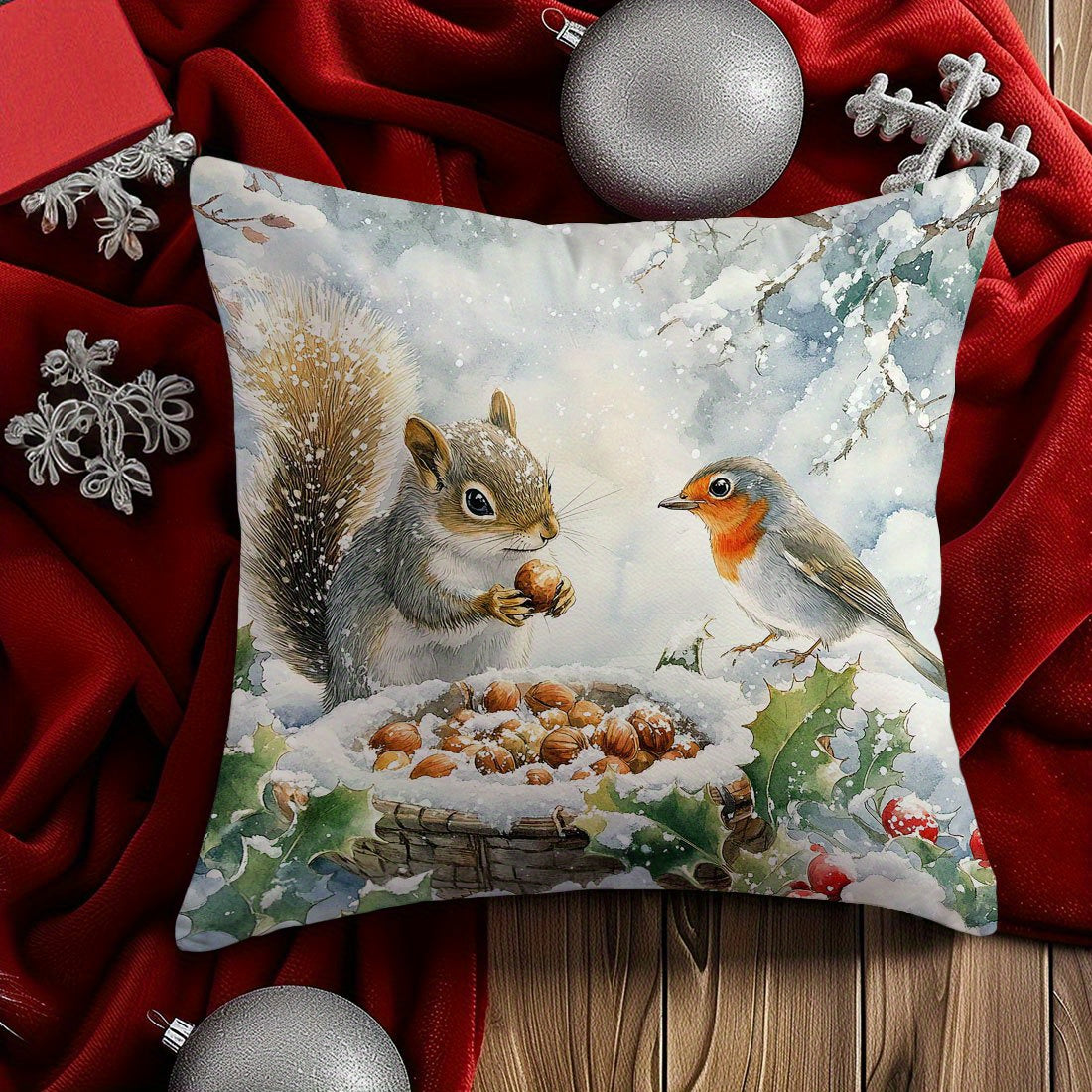 1pc Hypoallergenic Polyester Throw Cushion Cover with Squirrel & Bird Print, 44.98 x 44.98 cm, Contemporary Style, Invisible Zipper, Machine Washable - Ideal for Various Rooms, Woven Sofa and Bed Decor.