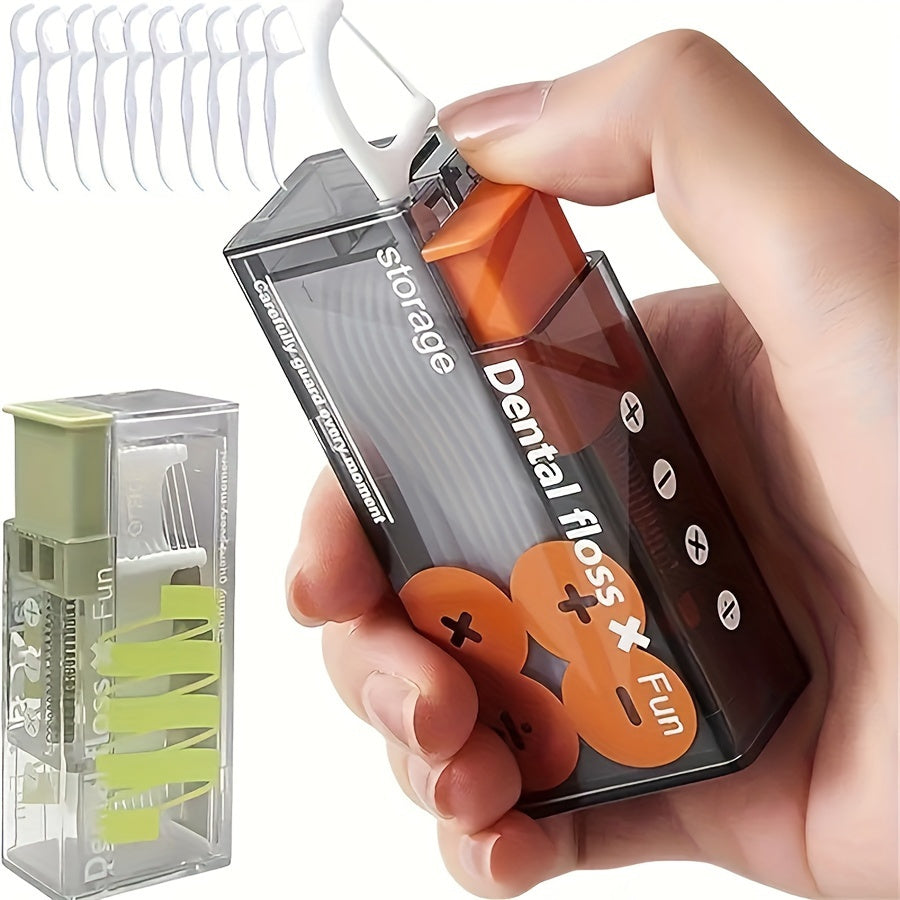 Portable dental floss dispenser with 10 picks for on-the-go oral care.