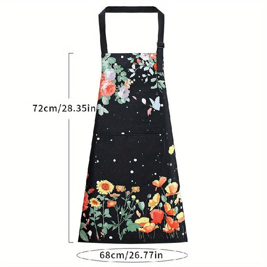 Polyester apron with a floral print, designed for adults for kitchen cooking in both homes and restaurants. This waterproof and oil-resistant apron is suitable for both men and women and is ideal for use in cafes and other work settings. Made of knitted