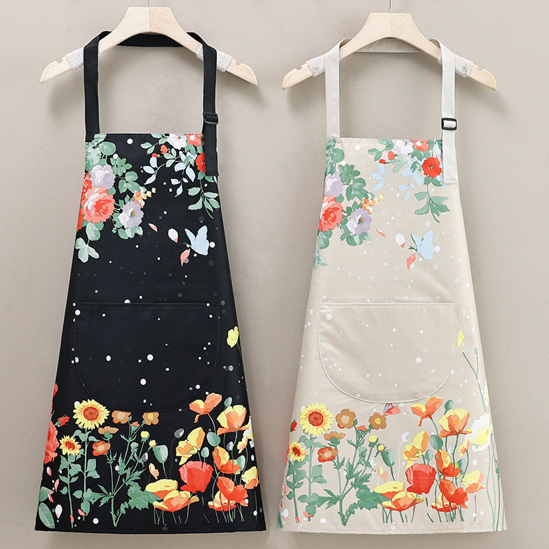 Polyester apron with a floral print, designed for adults for kitchen cooking in both homes and restaurants. This waterproof and oil-resistant apron is suitable for both men and women and is ideal for use in cafes and other work settings. Made of knitted