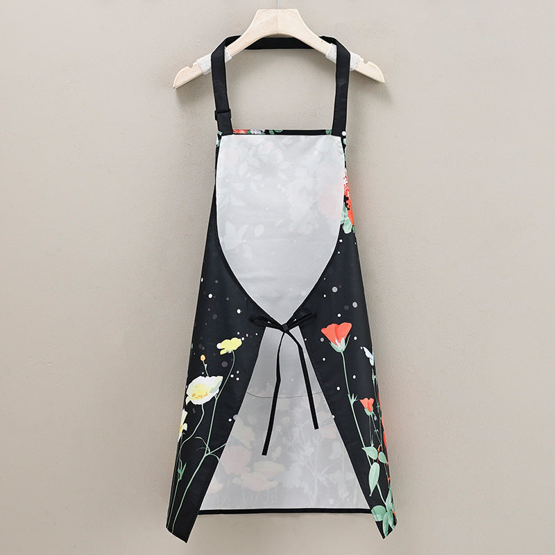 Polyester apron with a floral print, designed for adults for kitchen cooking in both homes and restaurants. This waterproof and oil-resistant apron is suitable for both men and women and is ideal for use in cafes and other work settings. Made of knitted