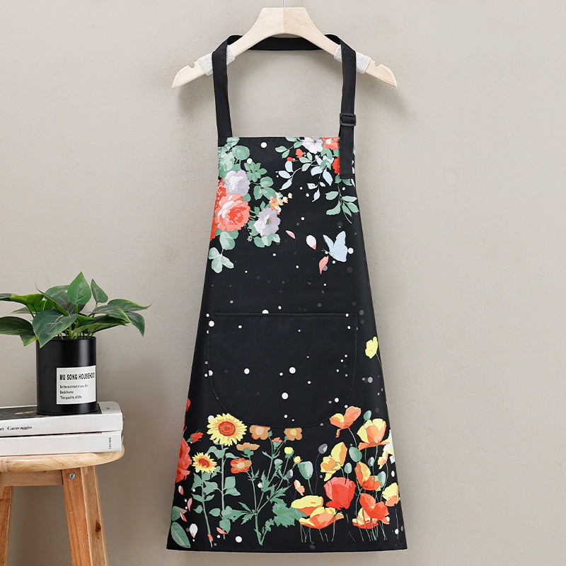 Polyester apron with a floral print, designed for adults for kitchen cooking in both homes and restaurants. This waterproof and oil-resistant apron is suitable for both men and women and is ideal for use in cafes and other work settings. Made of knitted