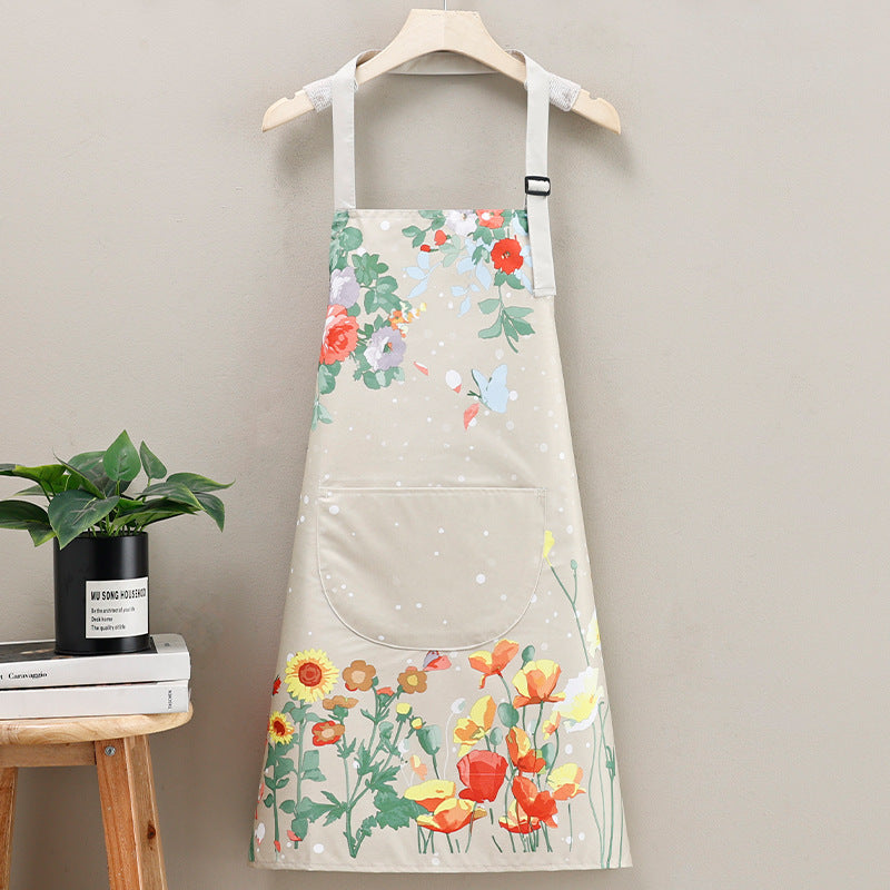 Polyester apron with a floral print, designed for adults for kitchen cooking in both homes and restaurants. This waterproof and oil-resistant apron is suitable for both men and women and is ideal for use in cafes and other work settings. Made of knitted