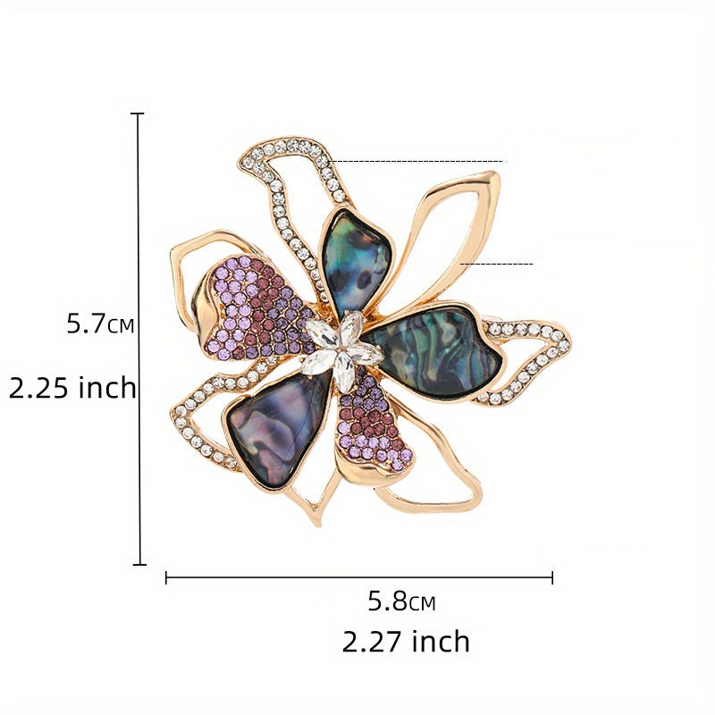 Stylish Abalone Shell Flower Brooch Pins with Vintage Rhinestone Bowknot and Crystal Accents - Fashionable Accessories for Women.