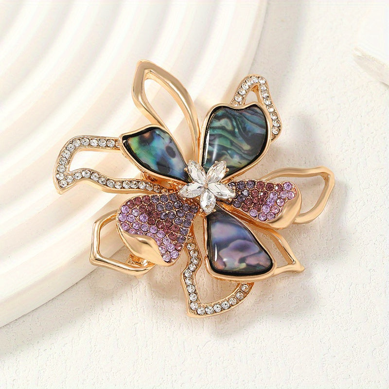 Stylish Abalone Shell Flower Brooch Pins with Vintage Rhinestone Bowknot and Crystal Accents - Fashionable Accessories for Women.